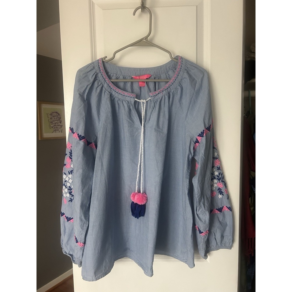 Lilly Pulitzer Keela Embroidered Tassel Top Blouse Long Sleeve Boho Size XL
